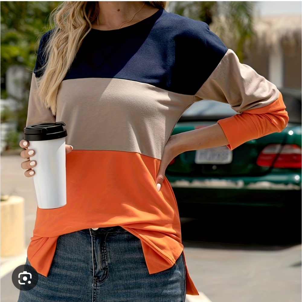 Colorblock Long Sleeve Top • Rust Beige Navy • Size Medium